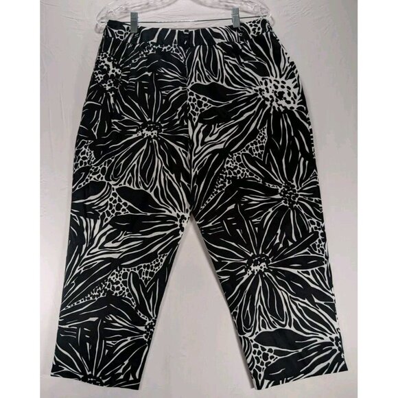 Talbots Black White Floral High Rise Wide Leg Stretch Capri Pant Womens 14 - Picture 2 of 9